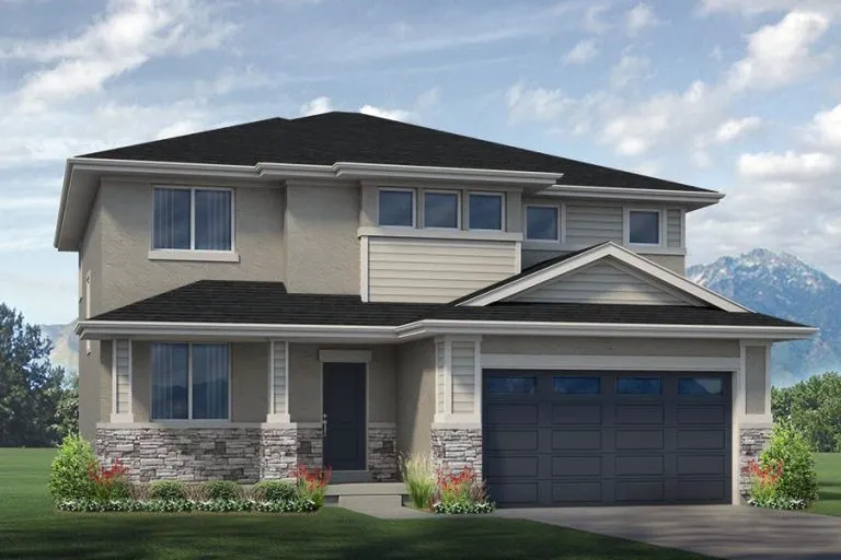 A two-story modern suburban house with gray siding, stone accents, black roof shingles, a two-car garage, and landscaped yard with green grass and small flower beds—perfectly capturing the appeal of homes in Utah. Mountains and a partly cloudy sky are in the background.