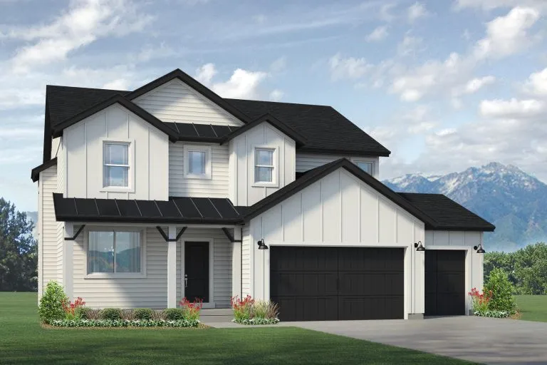 Rendering of a two-story modern farmhouse with white board-and-batten siding, three-car garage with dark doors, and mountain backdrop.