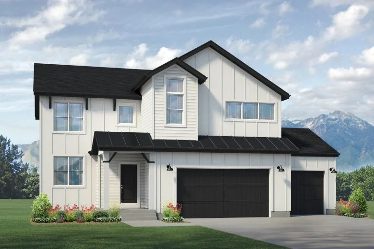 Rendering of a two-story modern farmhouse with white siding, black metal roof accents, three-car garage with dark doors, and mountain views.