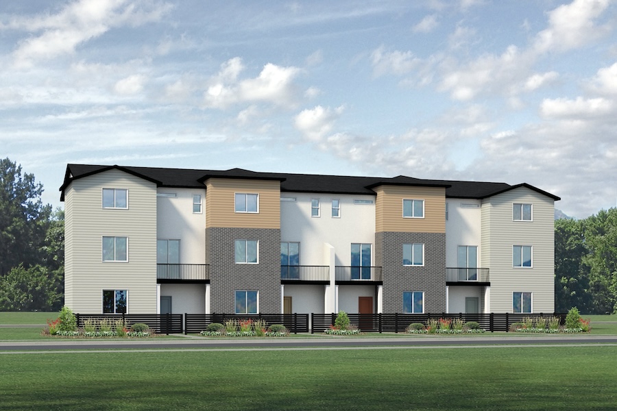 Alt text: "A modern four-unit townhouse at Arrowhead Ranch with a blend of neutral colors. Each section features a combination of siding with stone accent walls.