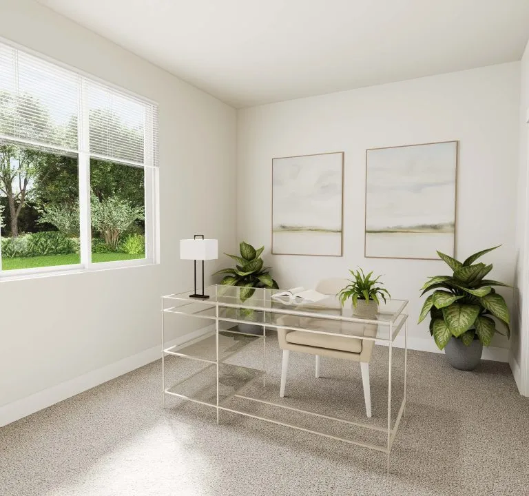 A modern home office with a glass desk, beige chair, white lamp, and green potted plants. Two landscape paintings and a large window with scenic views evoke the style of contemporary homes in Utah.