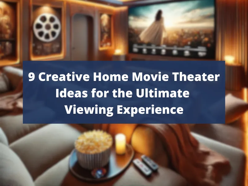 A cozy home theater setup with a large projector screen displaying a movie scene, soft ambient lighting, a comfortable sofa, and a table holding a bowl of popcorn, a candle, and a remote control.