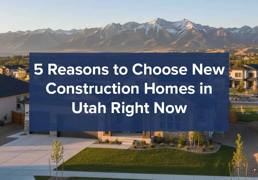 A suburban neighborhood with modern houses and green lawns, set against mountain views, highlights the appeal of new construction homes in Utah, with “5 Reasons to Choose New Construction Homes in Utah Right Now” overlayed in a blue box.