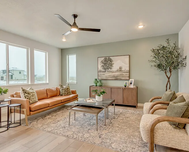 Modern living room with a tan sofa, two armchairs, coffee table, and side tables on a patterned rug. Large windows, green accent wall with landscape art, potted plant, and ceiling fan complete the space.