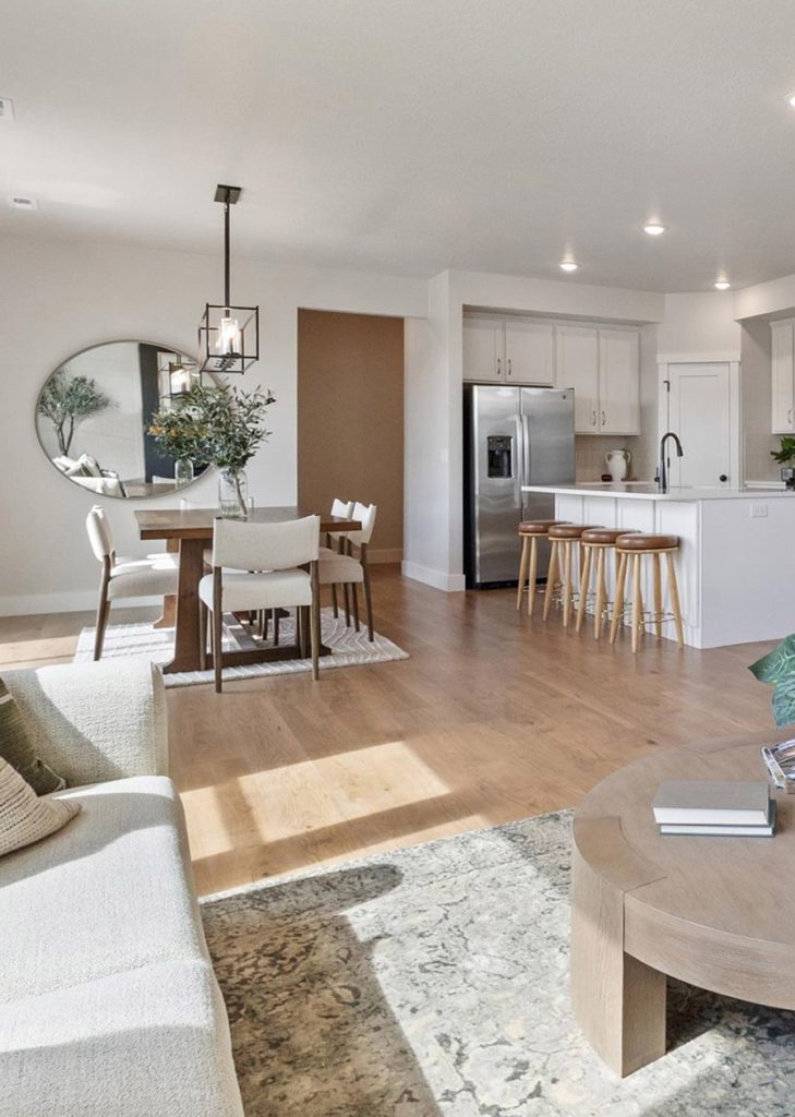 A modern open-concept kitchen and dining area with light wood floors, a round dining table with chairs, stainless steel appliances, a round wall mirror, and a cozy living space with a sofa and coffee table.