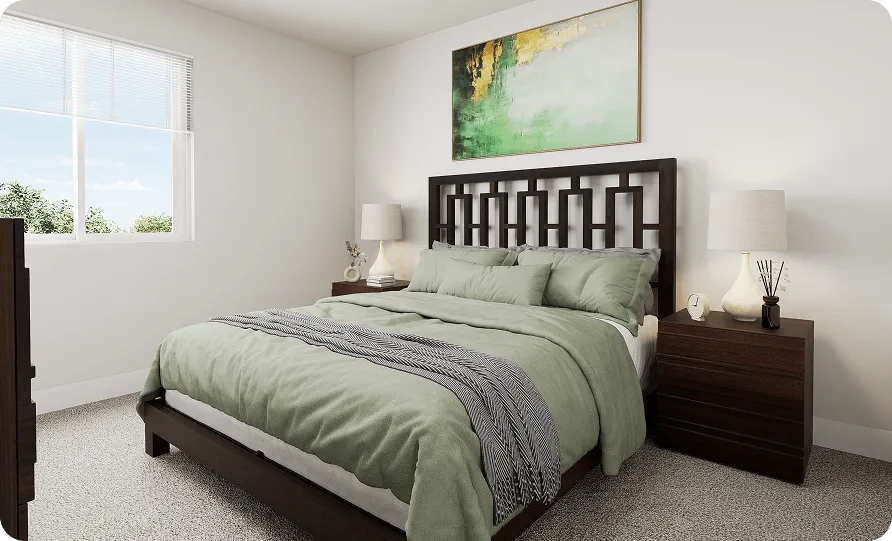 A green bed in a dark wooden frame.