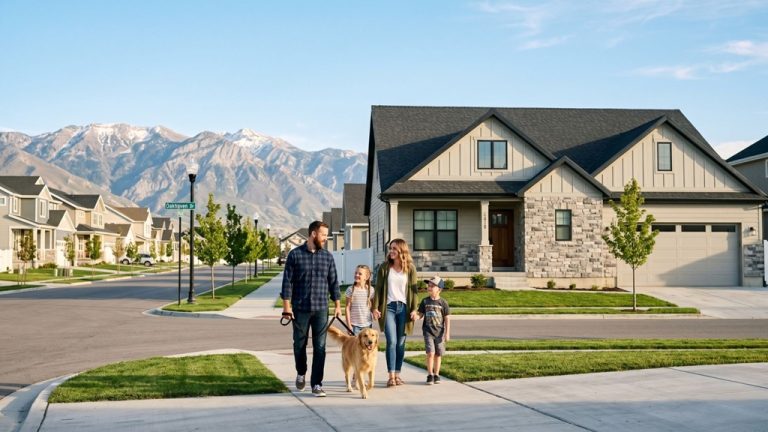 New construction family neighborhood in Lehi Utah with mountain backdrop