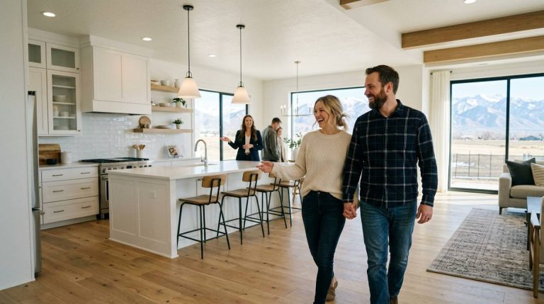 Couple touring a new construction model home in Utah County